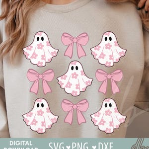 May include: A set of eight digital cut files featuring pink ghosts with white polka dots and pink bows. The files are available in SVG, PNG, and DXF formats. Digital Download.