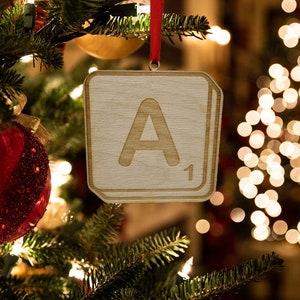 Personalised Wooden Bauble Tile Decoration - Engraved with any Letter and Number