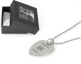 Personalised Medical Alert ICE Plectrum Necklace | Custom Engraved Guitar Pick Pendant Ball Chain