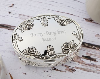 Personalised Oval Silverplated Antique Rose Trinket Box