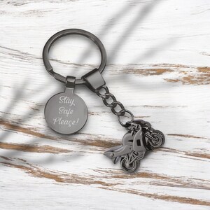 Personalised Black Chromed Motorbike Keyring, Custom Engraved Text, New Drivers, Ride Safe Keychain, Gift for Bikers, Riders, Motorcyclists