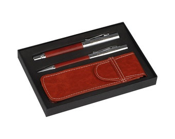 Personalised Mark Twain Silver and Rosewood Pen set with leather case - Engraved with your custom text