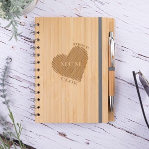 Personalised Bamboo Best Mum Heart Notepad and Pen - Laser Engraved