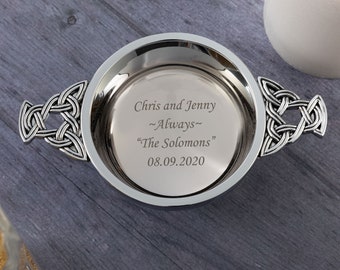 Personalised 4" Highland Chrome Quaich with Decorative Celtic design - Engraved with any custom text