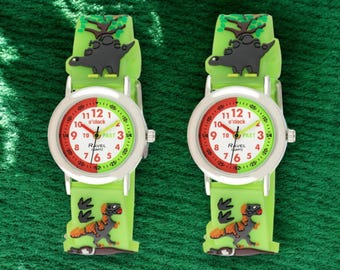 Personalised Dinosaur Ravel Children’s Time Teacher Watch, Custom Engraved Back, Colourful Strap, Easy-Read Dial, Educational Gift for Kids