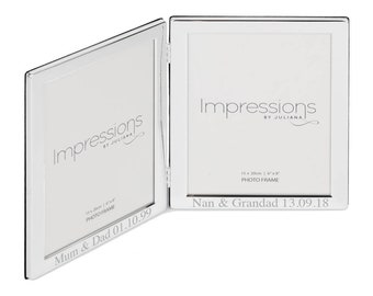 Marco de fotos doble personalizado con bisagras, plateado, de 15 x 20 cm (6 x 8 pulgadas), grabado con su texto personalizado.