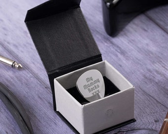 Personalised Silver Guitar Plectrum/Pick with Luxury Magnetic Presentation Box - Enter Your Custom Text