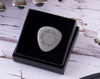 Personalised Silver Guitar Casino Chip Plectrum/Pick with Gift Box - Engraved