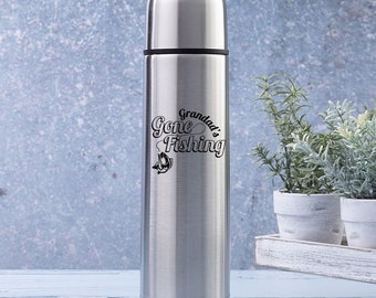 Personalised 1 Litre Insulated Vacuum Gone Fishing Flask - Engraved with any name