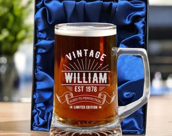 Vaso de pinta vintage personalizado con base gruesa / Jarra de cerveza grabada personalizada / Regalo para esposo, en caja