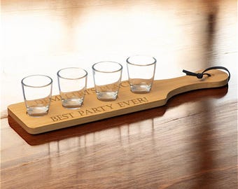 Personalised Shot Glass Party set in Wooden Tray - Tray engraved with any custom text - Alcohol Gift, Wedding Shot Board, Housewarming
