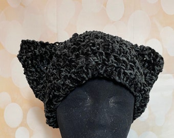 Black Velvet Soft Slouch Car Ear Sack Handmade Crochet Hat