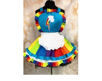 MADE TO ORDER Rainbow Lightning Frilly Apron, Diner Style, Cotton Blend