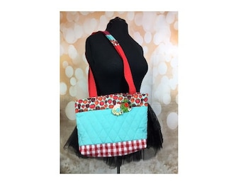 Tote Bag Strawberry Gingham Quilted Tote Craft Knitting Bag Handmade Kitschy Cute Cotton-blend