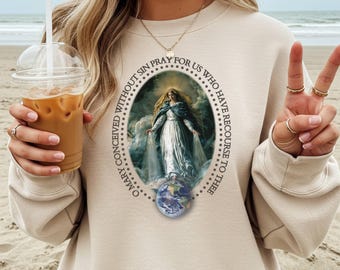 Miraculous Medal Sweatshirt, Vintage Virgin Mary Illustration, Faith Apparel