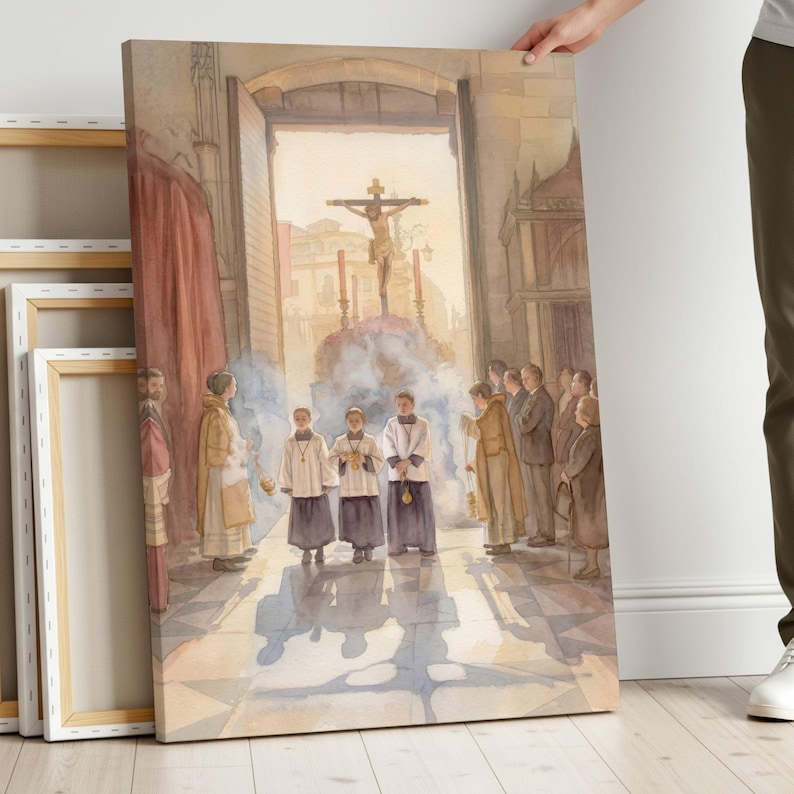May include: Watercolor painting on canvas depicting a religious procession. The artwork shows figures in robes and a crucifix, with a soft, diffused light. The scene is set inside a church, with a focus on the central figures.