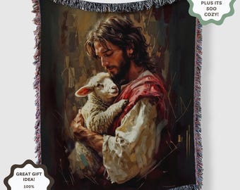 Geweven deken Jezus en lam: woondecoratie christelijk geloof, boho katoenen plaid
