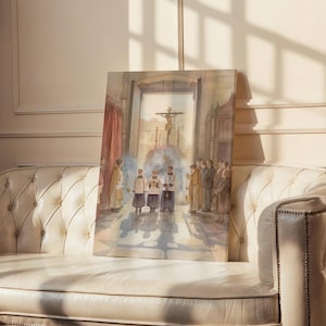 May include: A framed watercolor painting depicting a religious procession. The artwork features figures in robes, a crucifix, and architectural details. The painting is displayed on a white leather couch.