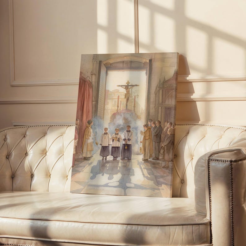 May include: A framed watercolor painting depicting a religious procession. The artwork features figures in robes, a crucifix, and architectural details. The painting is displayed on a white leather couch.