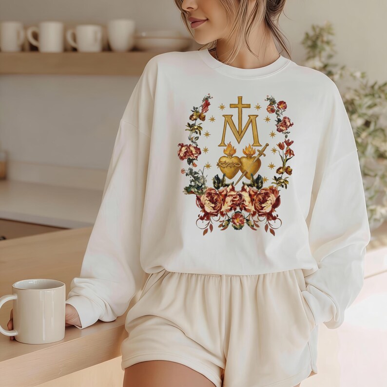 Miraculous Medal Tee: Gold Monstrance Floral Faith Apparel, Ring-Spun Cotton image 3