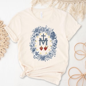 Miraculous Medal T-Shirt: Marian Catholic Floral Design