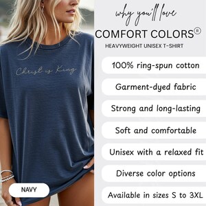 The image is a promotional image for a navy blue t-shirt. It features a woman wearing the t-shirt and provides information about the shirt's features, such as 100% ring-spun cotton, garment-dyed fabric, strong and long-lasting, soft and comfortable, and an unisex fit with a relaxed fit. The image also mentions that the shirt is available in sizes S to 3XL.