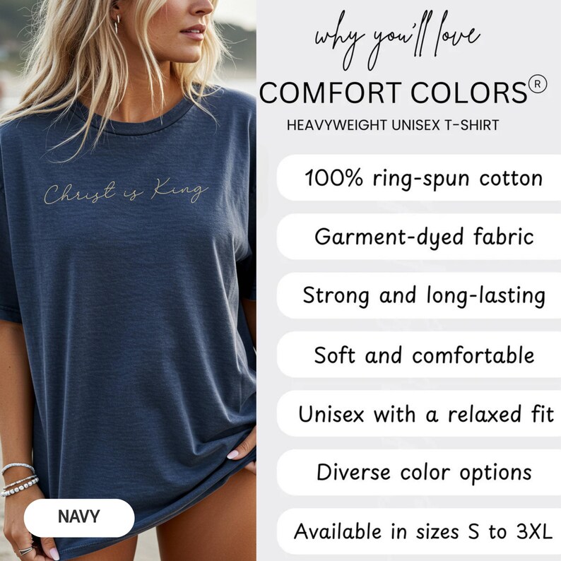 The image is a promotional image for a navy blue t-shirt. It features a woman wearing the t-shirt and provides information about the shirt's features, such as 100% ring-spun cotton, garment-dyed fabric, strong and long-lasting, soft and comfortable, and an unisex fit with a relaxed fit. The image also mentions that the shirt is available in sizes S to 3XL.