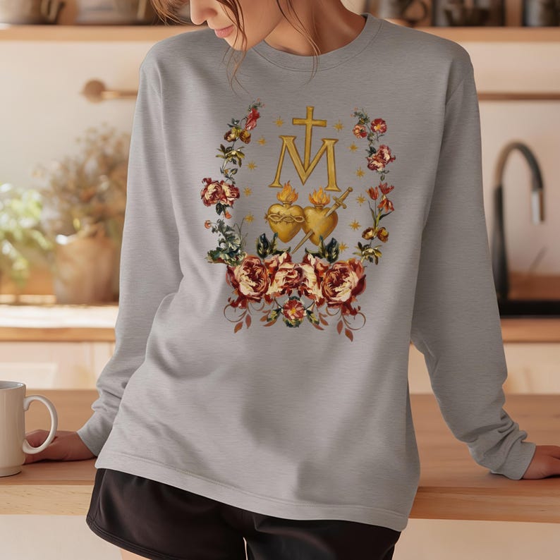 Miraculous Medal Tee: Gold Monstrance Floral Faith Apparel, Ring-Spun Cotton image 7