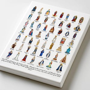 May include: A white canvas print featuring numerous illustrations of the Virgin Mary, each labeled with a different title. The artwork includes a prayer at the bottom. The images are colorful and detailed, depicting various representations of Mary.