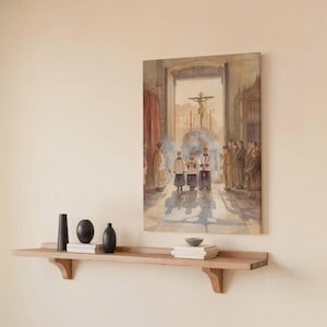 May include: A watercolor painting depicting a religious scene with figures in robes and a crucifix. The artwork hangs above a wooden shelf with black vases and books. The painting's color palette includes beige, brown, and red.