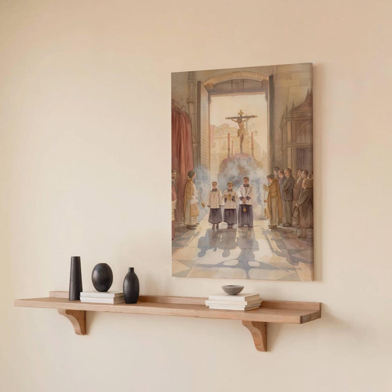May include: A watercolor painting depicting a religious scene with figures in robes and a crucifix. The artwork hangs above a wooden shelf with black vases and books. The painting's color palette includes beige, brown, and red.