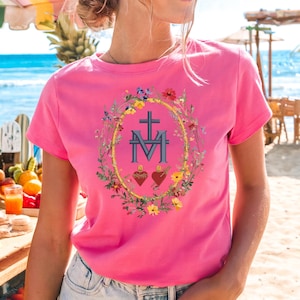 Virgin Mary Floral T-Shirt: Marian Catholic Gifts For Women