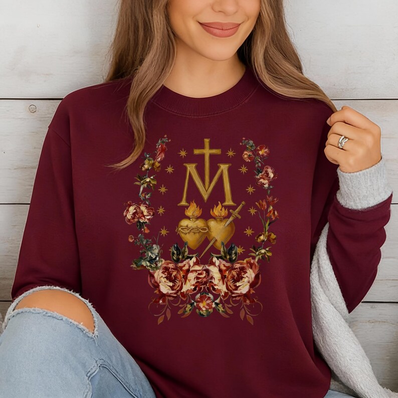 Miraculous Medal Tee: Gold Monstrance Floral Faith Apparel, Ring-Spun Cotton image 9
