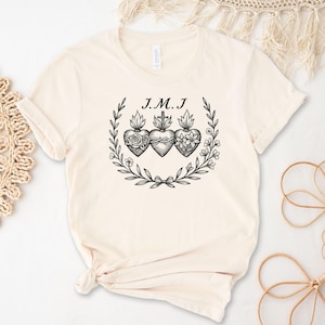 Holy Family JMJ 3 Hearts Catholic T Shirt - Catholic gift for women and girls Traditional Catholic TShirt Catholic T-Shirt Virgin Mary Shirt