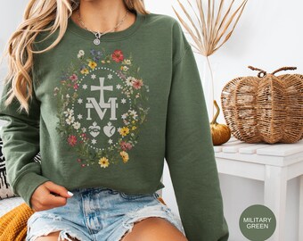 Marian Cross Shirt: Vintage Miraculous Medal Floral - Soft Cotton Blend, Faith Apparel, Unisex S-XL