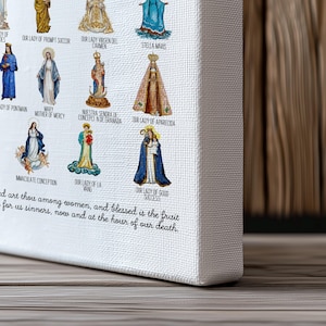 May include: A religious art print featuring various depictions of the Virgin Mary, each with a unique design and title. The artwork includes detailed illustrations and text, all presented on a white canvas.