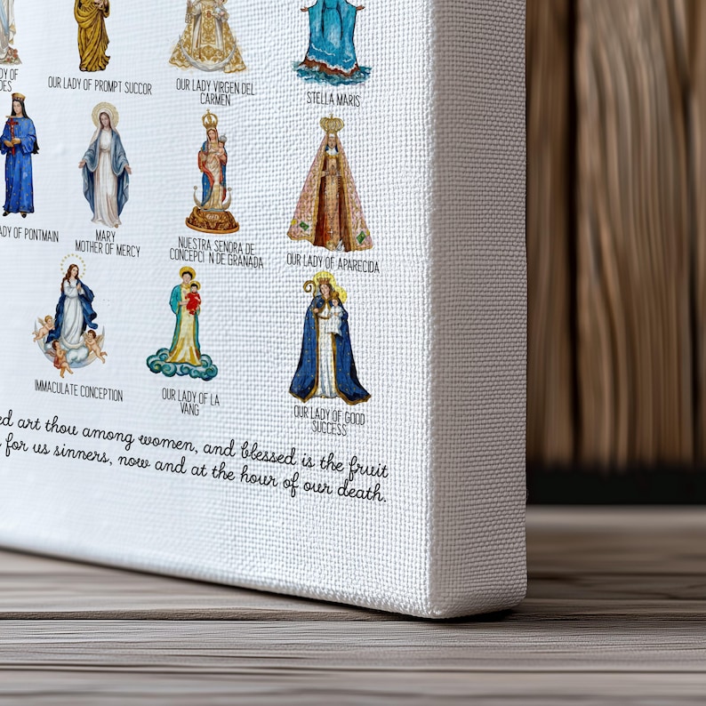 May include: A religious art print featuring various depictions of the Virgin Mary, each with a unique design and title. The artwork includes detailed illustrations and text, all presented on a white canvas.