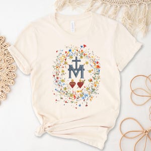 Miraculous Medal Marian Catholic T-Shirt, Virgin Mary T-shirt, Catholic Gifts For Women, Marian Cross Shirt, Floral Women Religious Shirts