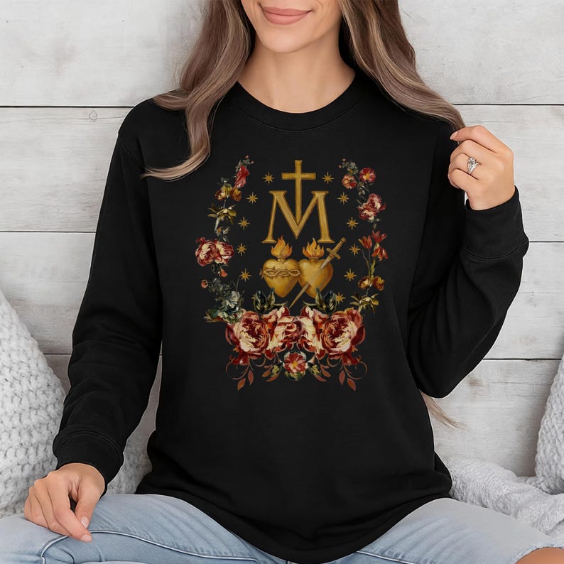 Miraculous Medal Tee: Gold Monstrance Floral Faith Apparel, Ring-Spun Cotton image 8