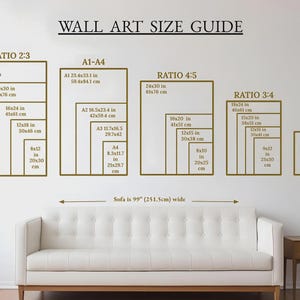 May include: Wall art size guide with dimensions in inches and centimeters. Displays various ratios, including 2:3, 4:5, and 3:4, with sizes like 24x36 in (61x91 cm) and 11x14 in (28x36 cm). A white sofa is below the guide.