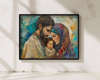 Holy Family Print, Mary Joseph Baby Jesus Illustration, Spiritual Christian Wall Art (Matte Paper)