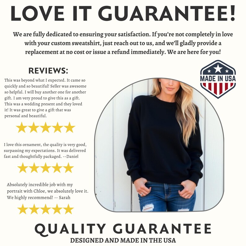 The image is a collage featuring a woman in a black sweater and jeans, with a focus on her outfit and the overall design. The image does not contain any text, and the woman is the central figure.