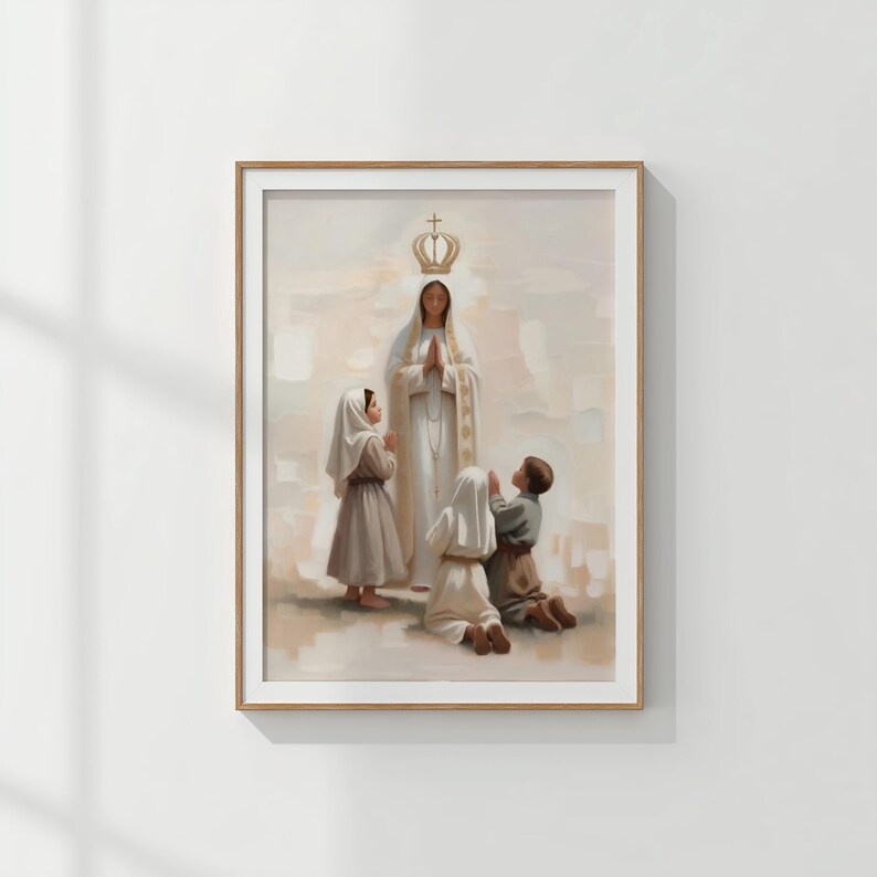 May include: A framed print depicts a religious scene. A woman in a white robe and crown stands with hands clasped, surrounded by three children in prayer. The artwork has a soft, muted color palette with a focus on light and shadow.