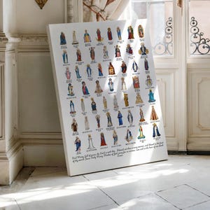 May include: A white canvas print featuring numerous illustrations of religious figures. Each figure is depicted in a unique pose and attire, with a variety of colors. The print includes text at the bottom, and is leaning against a white wall.