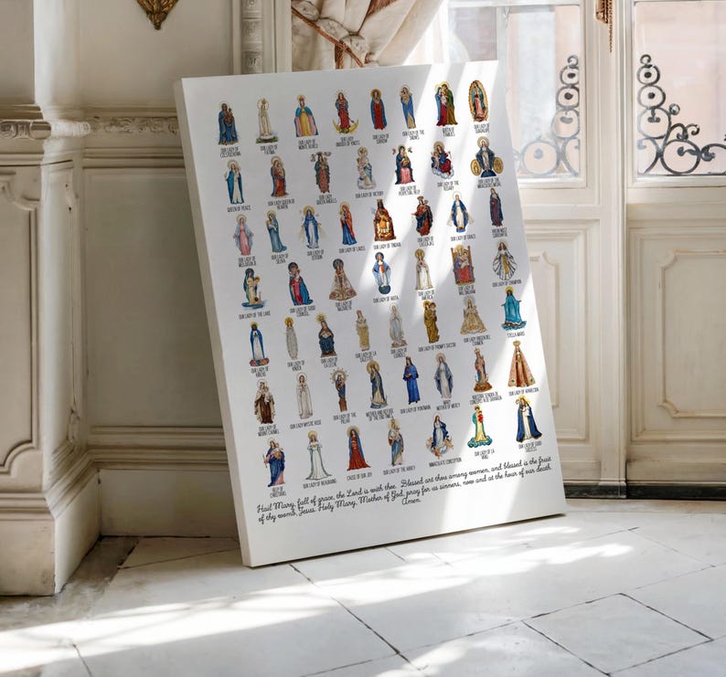 May include: A white canvas print featuring numerous illustrations of religious figures. Each figure is depicted in a unique pose and attire, with a variety of colors. The print includes text at the bottom, and is leaning against a white wall.