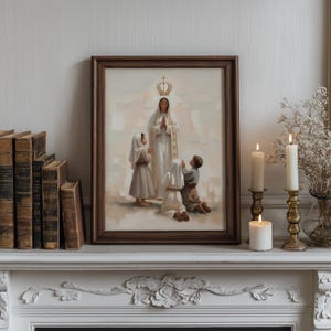 May include: A framed religious painting depicts a woman with a crown, surrounded by children in prayer. The artwork is in a dark wooden frame, displayed on a white mantelpiece with candles and antique books.