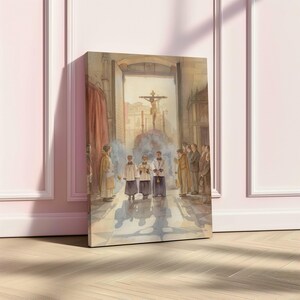 May include: Watercolor painting depicting a religious ceremony inside a cathedral. The artwork features figures in robes, a crucifix, and a hazy atmosphere. The painting is displayed on a canvas leaning against a wall.