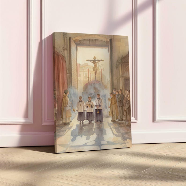 May include: Watercolor painting depicting a religious ceremony inside a cathedral. The artwork features figures in robes, a crucifix, and a hazy atmosphere. The painting is displayed on a canvas leaning against a wall.