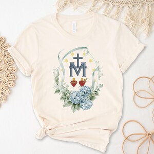 Marian Catholic T-Shirt, Virgin Mary Tee, Catholic gift for women girls Cross Shirt Floral Women Religious Shirts Traditional Catholic Shirt