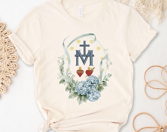Koszula z nadrukiem w kwiaty z motywem Maryi Dziewicy, z ekologicznej bawełny (rozmiary unisex XS-XXL, oddychająca)